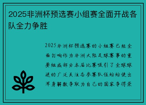 2025非洲杯预选赛小组赛全面开战各队全力争胜