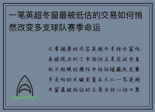 一笔英超冬窗最被低估的交易如何悄然改变多支球队赛季命运 一笔英超冬窗最被低估的交易如何悄然改变多支球队赛季命运